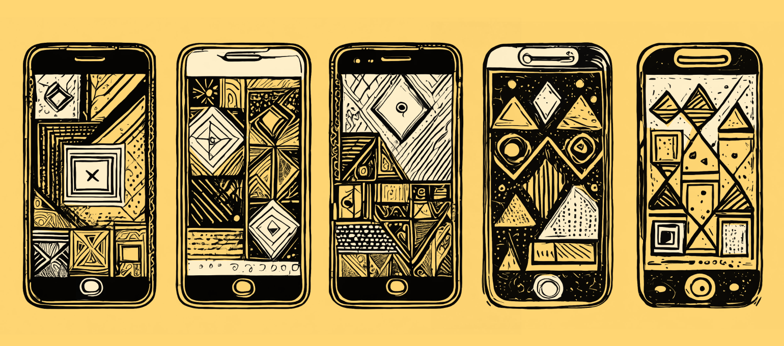 Illustration of five smartphones with intricate geometric patterns on screens, featuring triangles, squares, and circles in black and gold tones.