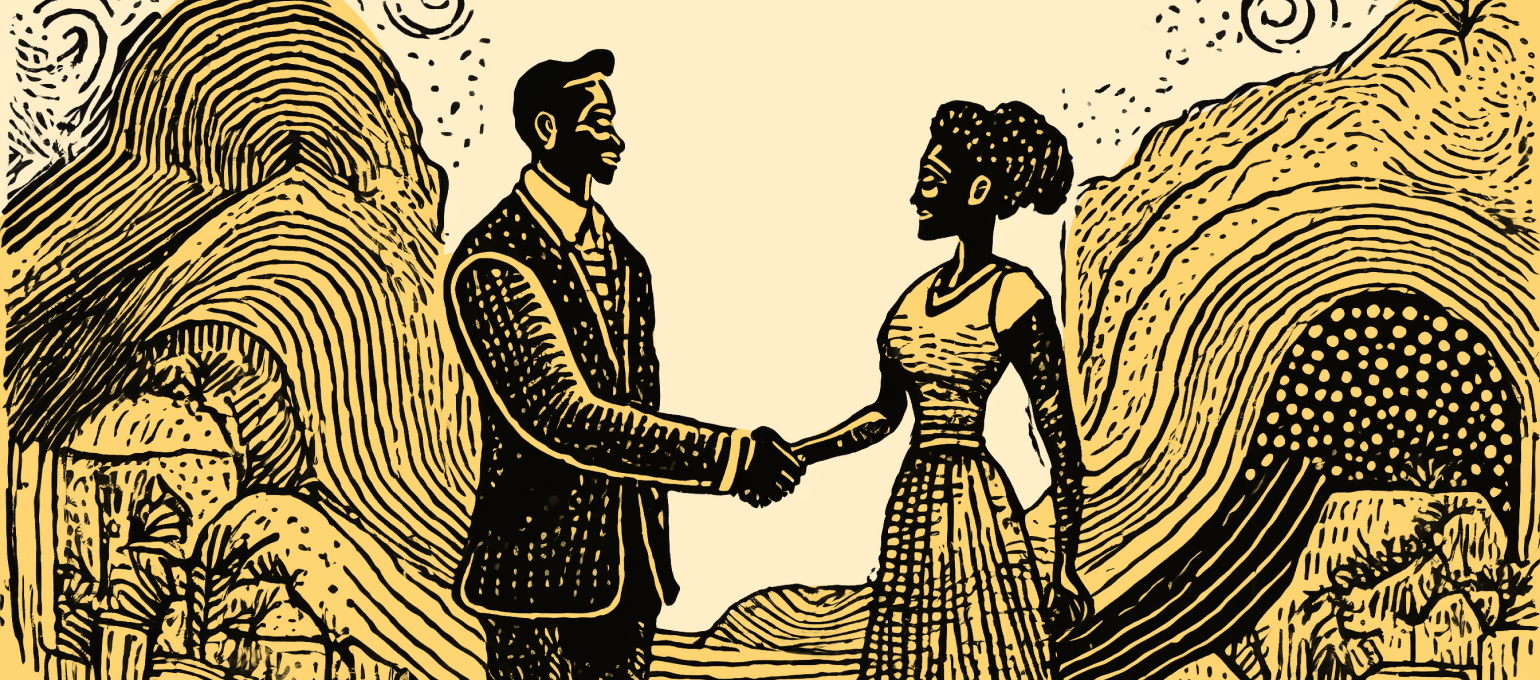Illustrated couple shaking hands amidst stylized mountains and abstract patterns in earthy tones. Art conveys unity and connection.
