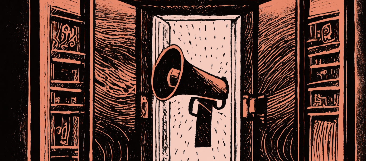 Stylized illustration of a megaphone floating between two open doors with a textured, reddish background.