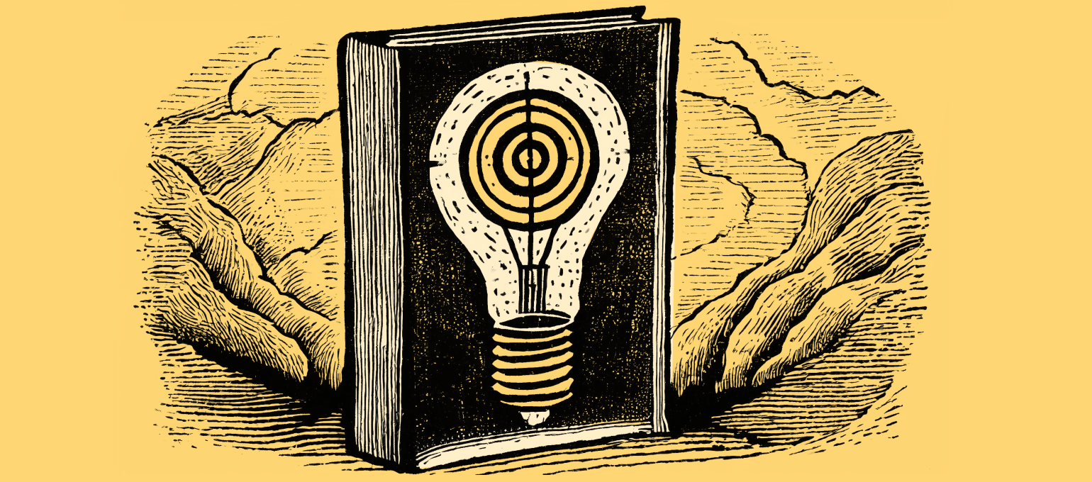 Illustration of a book with a light bulb featuring a target design on the cover, set against a textured background of rolling hills.