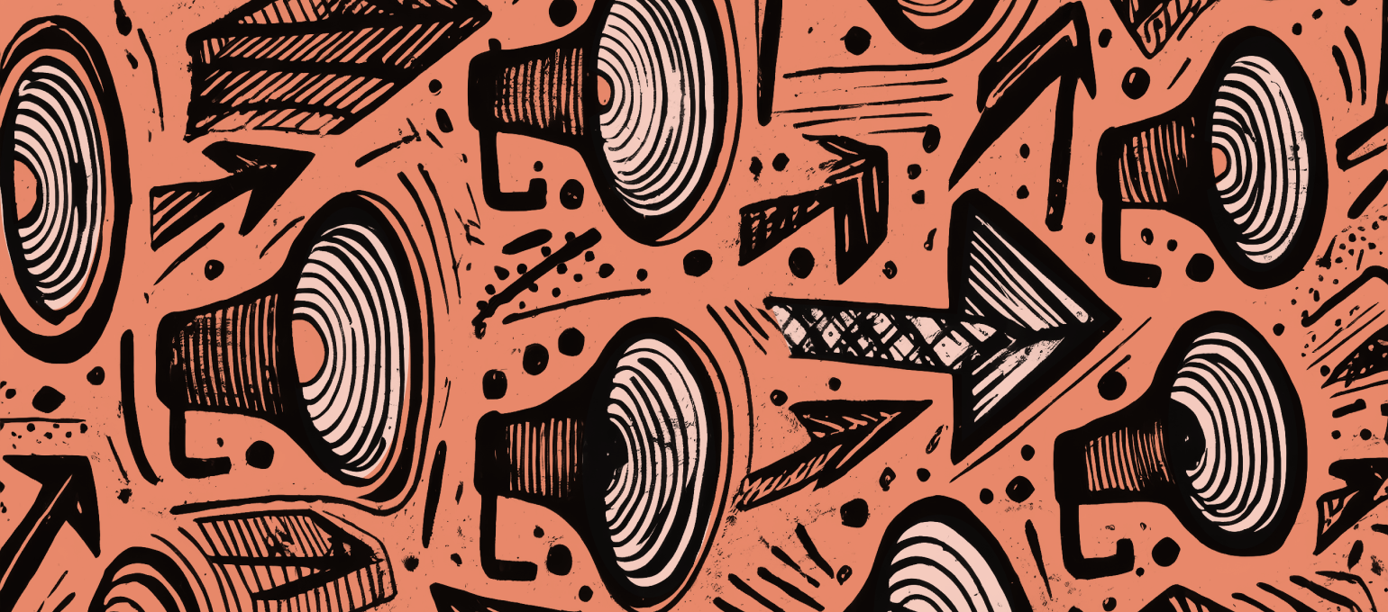 Abstract pattern with black megaphones and arrows on a peach background, featuring dynamic lines and speckled details.