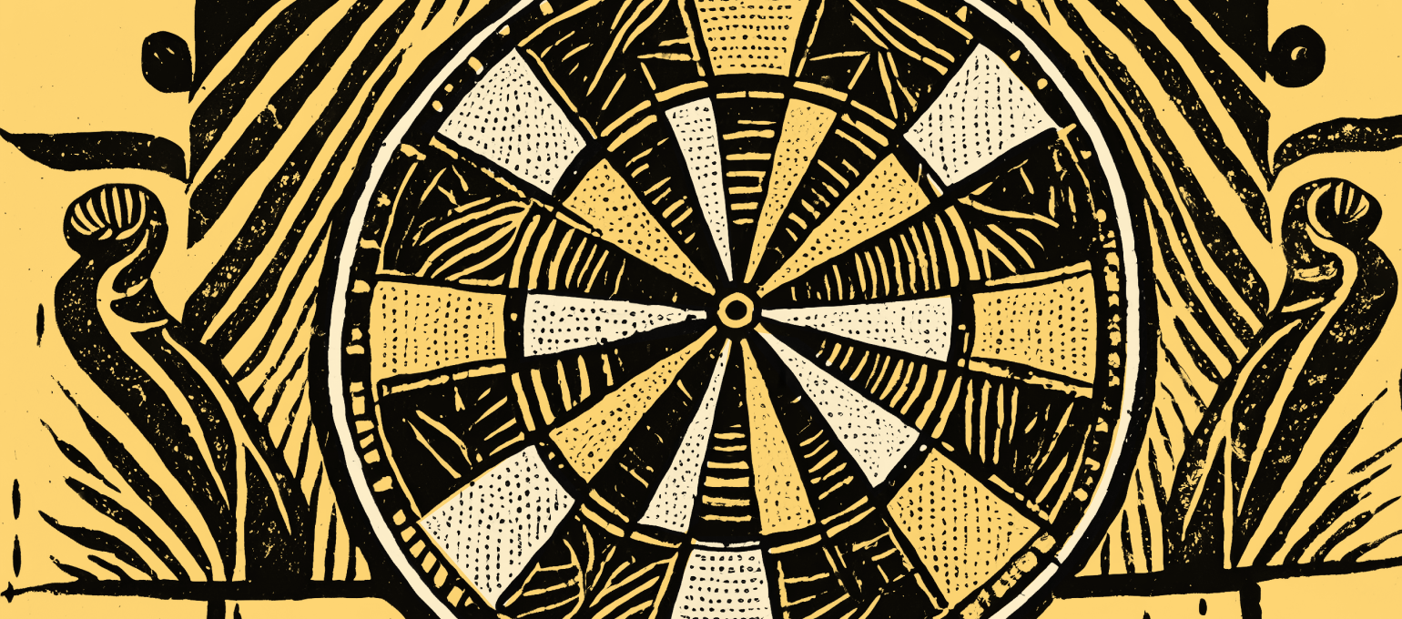 Illustrated dartboard with intricate black and yellow patterns, surrounded by abstract designs and stylized plant motifs.