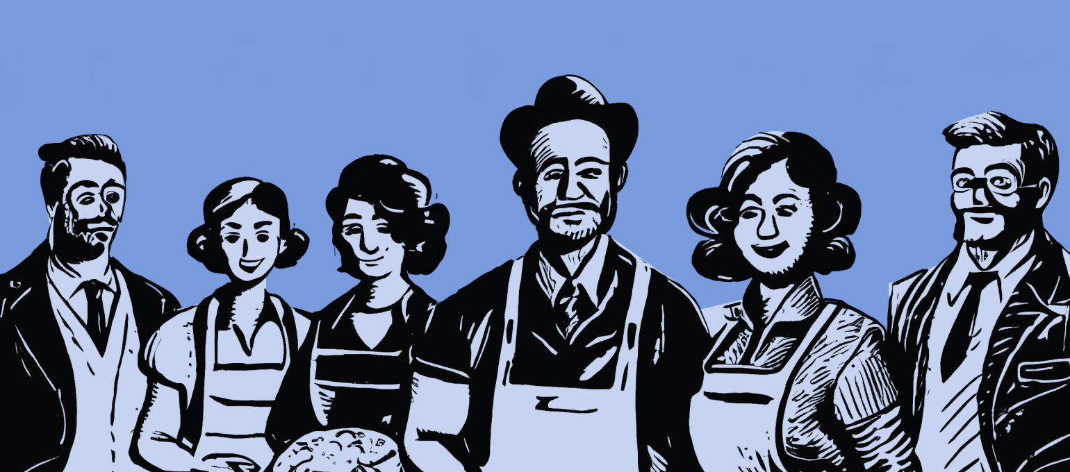 Illustration of a diverse group of six people in vintage attire, wearing aprons, against a blue background.
