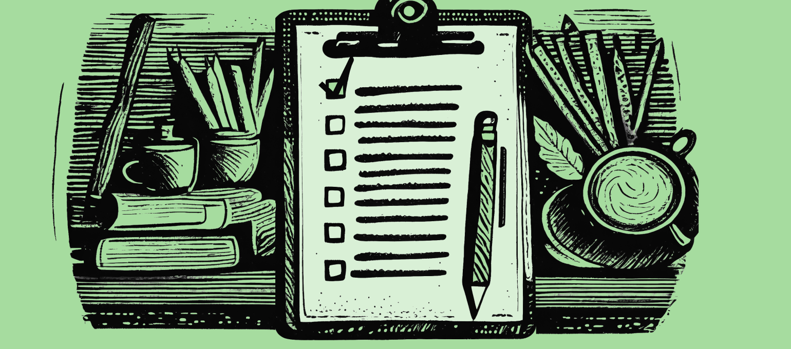 Illustrated clipboard with a checklist and pencil, surrounded by stacked books, potted pens, and a cup of coffee on a wooden surface.