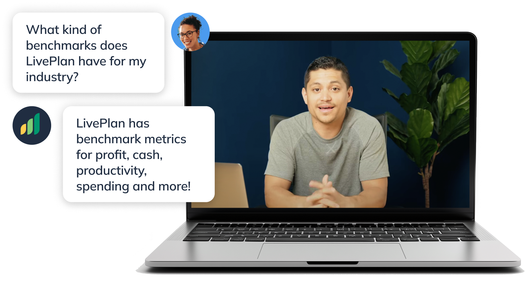 A laptop showing a LivePlan customer support representative chatting with a customer about industry benchmarks.