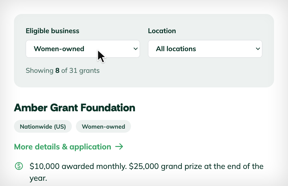 Small business grants directory filtered to women-owned grants