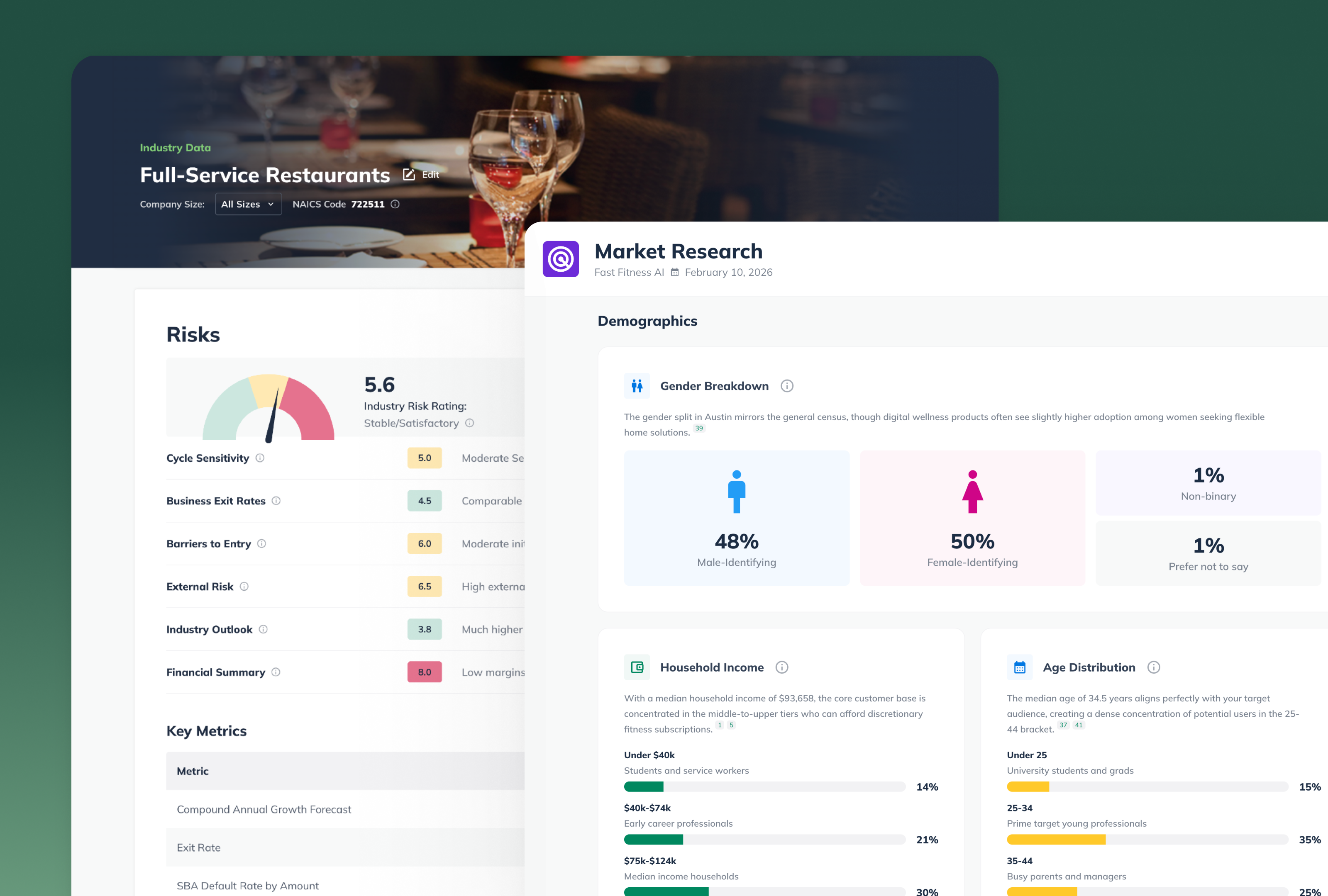 imagery of market research reports in LivePlan showing demographics and risks