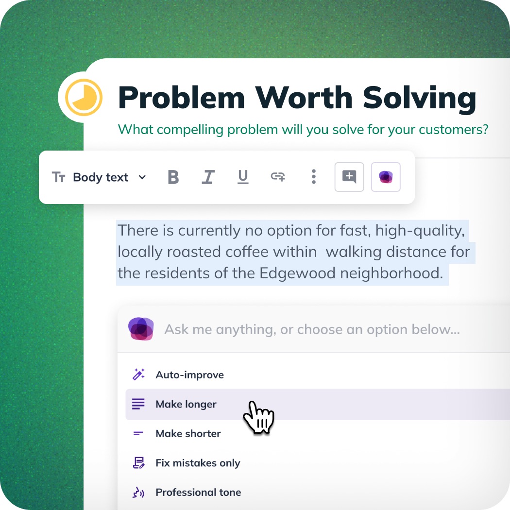 LivePlan plan builder writing the Problem Worth Solving section with AI assistance