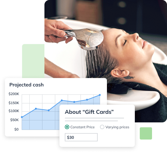 Woman getting hair washed at salon, overlaid with a graph showing projected cash growth and a section about "Gift Cards" with pricing options.