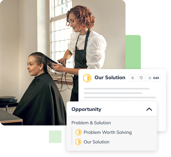 A hairstylist cuts a woman's hair in a salon. Overlaid are text boxes labeled "Opportunity" and "Our Solution" with bullet points.