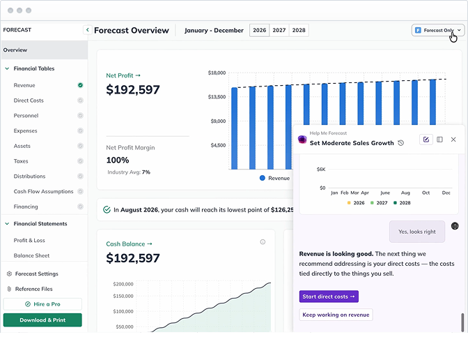 LivePlan financial forecast overview with graphs, net profit, cash balance details, and a pop-up for setting sales growth.