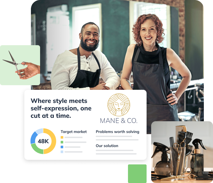 Smiling barbers in aprons stand in a salon; inset shows scissors, combs, and business metrics for Mane & Co.