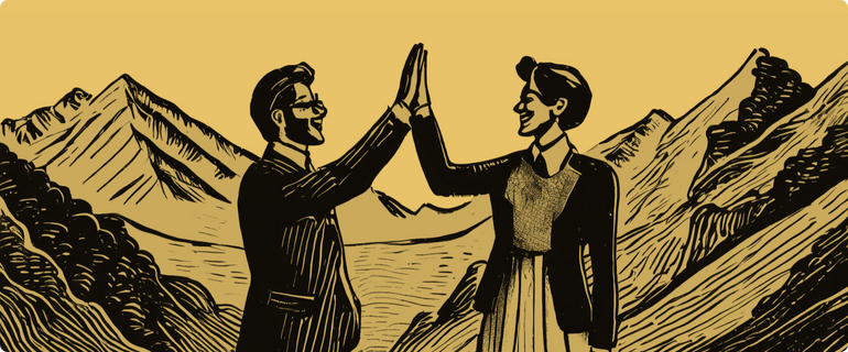 An illustration of a man and woman in business attire congratulating each other, representing a couple starting a business. An illustration of a man and woman in business attire congratulating each other, representing a couple starting a business.