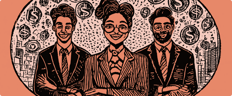 An illustration of three working professionals in suits An illustration of three working professionals in suits