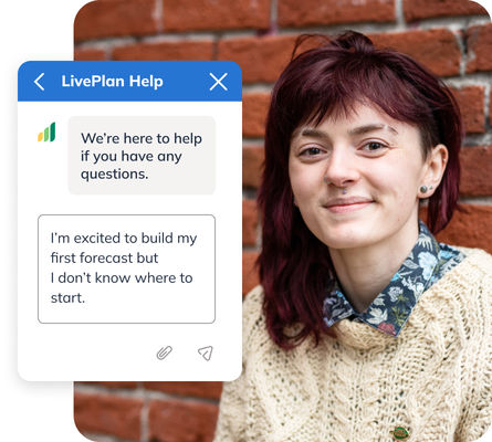 A LivePlan customer next to a LivePlan Help chat window