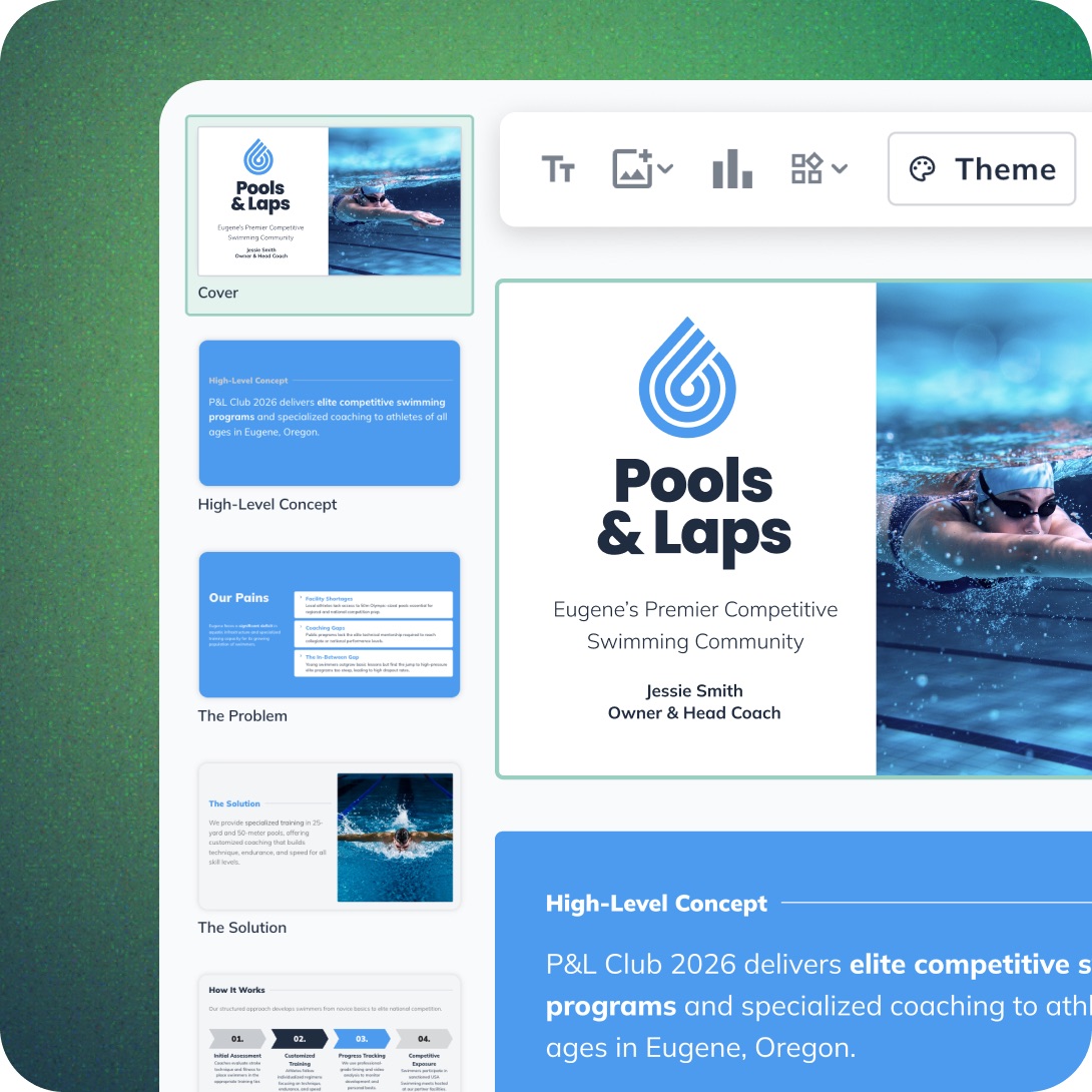 LivePlan pitch deck creator building an investor presentation from plan data