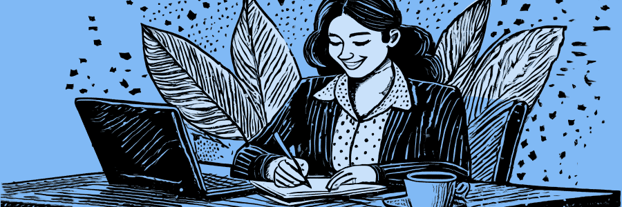 An illustration of a woman sitting at a desk, writing in a notebook with a laptop open in front of her. She is smiling and surrounded by large leaves, creating a nature-inspired background. She's working on her business plan and jotting down notes as she creates the official document on her computer. The overall color theme is blue and black. An illustration of a woman sitting at a desk, writing in a notebook with a laptop open in front of her. She is smiling and surrounded by large leaves, creating a nature-inspired background. She's working on her business plan and jotting down notes as she creates the official document on her computer. The overall color theme is blue and black.