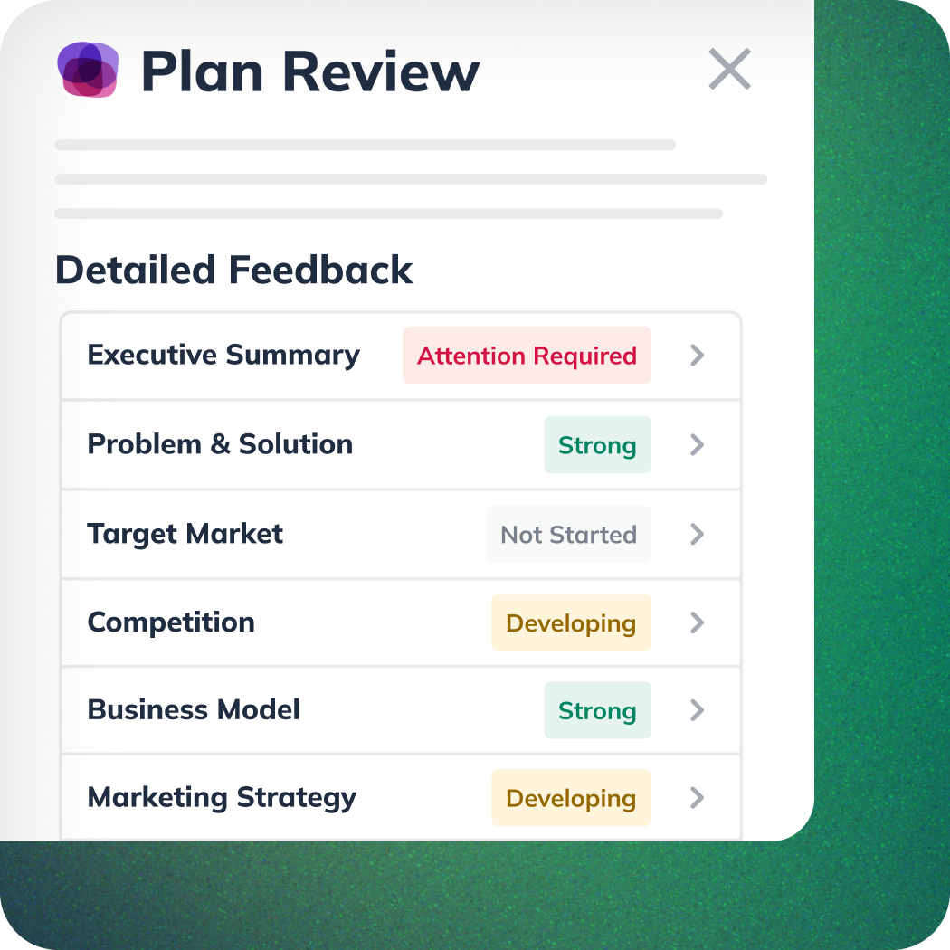 LivePlan Plan Review with detailed feedback on each section