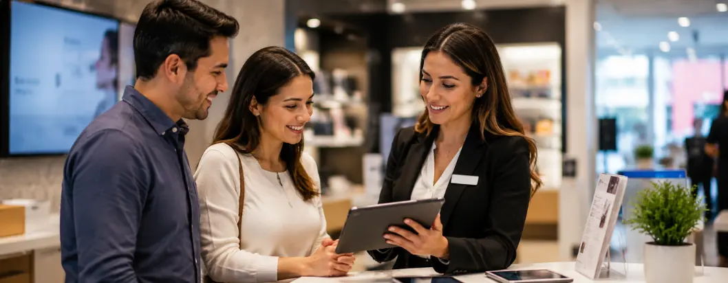 Asesora de ventas interactúa con una pareja implementando estrategias de customer experience.