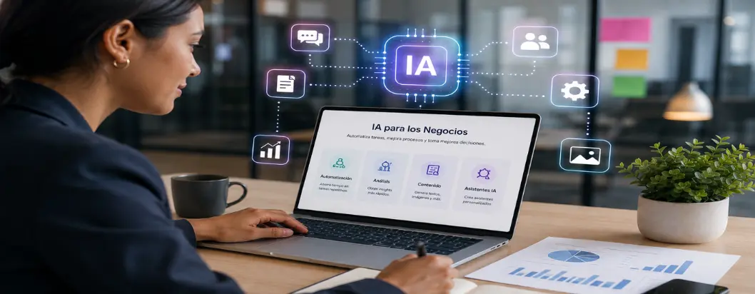Profesional usando herramientas de ia para negocios en su laptop.