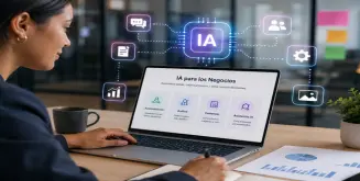 Mujer explorando soluciones de ia para negocios en su laptop.