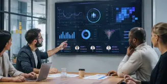 Equipo analiza datos e IA para reducir la rotación de personal en una empresa.