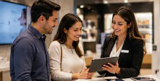 Una dependienta usa una tablet para mostrar a una pareja sus estrategias de customer experience.