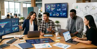 Grupo conversando sobre métricas de inteligencia artificial para ventas en la oficina.