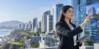 Mujer analiza datos urbanos con inteligencia artificial en el sector inmobiliario.