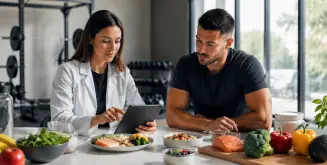 Especialista UPC asesora a deportista con tablet y alimentos para nutrición deportiva