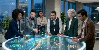 Grupo planificando la gobernanza de inteligencia artificial en un panel futurista.