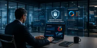Profesional supervisa la gestión de riesgos de ciberseguridad desde un panel digital