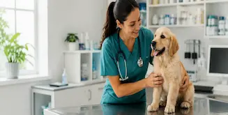 Alumna certificada en gestión de clínicas veterinarias revisando a perro cachorro - UPC