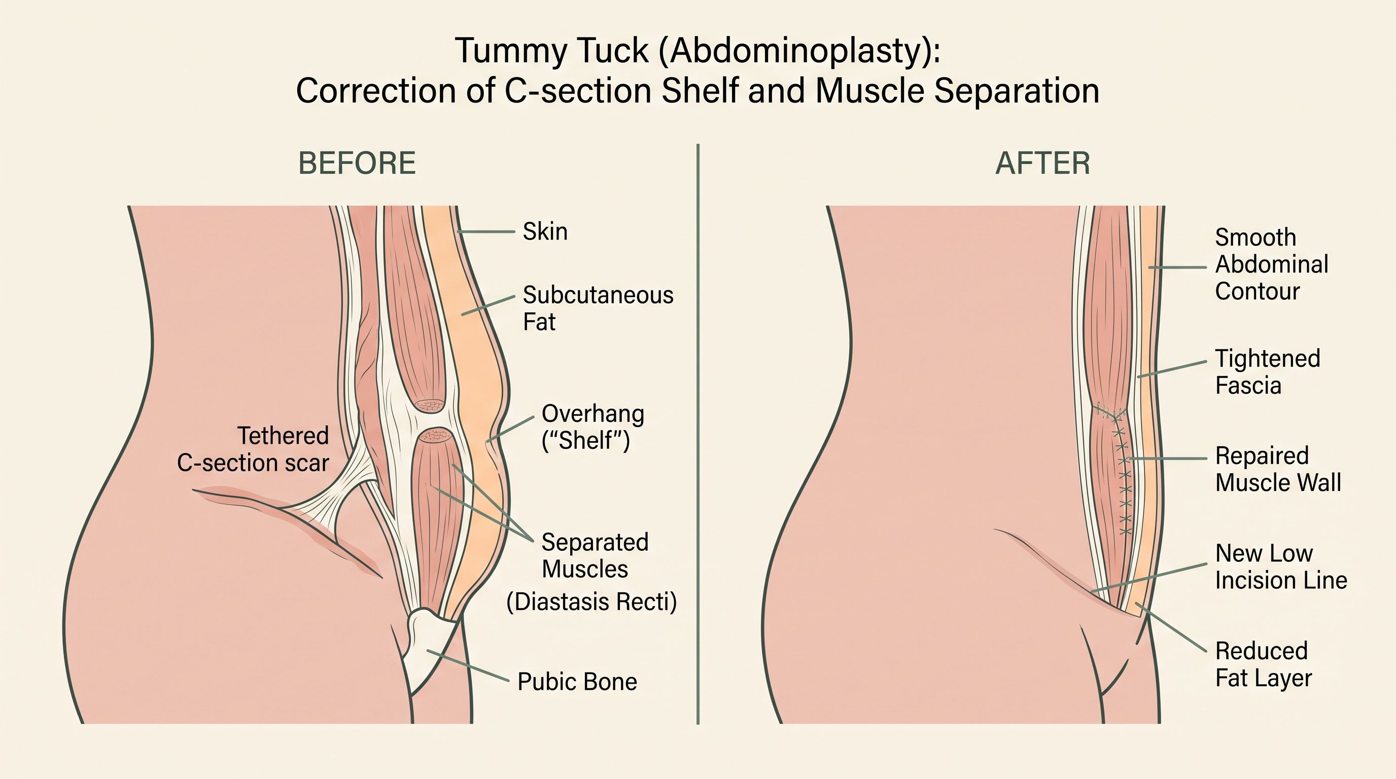 Diagram showing before and after effects of a tummy tuck, illustrating correction of C-section shelf and muscle separation.