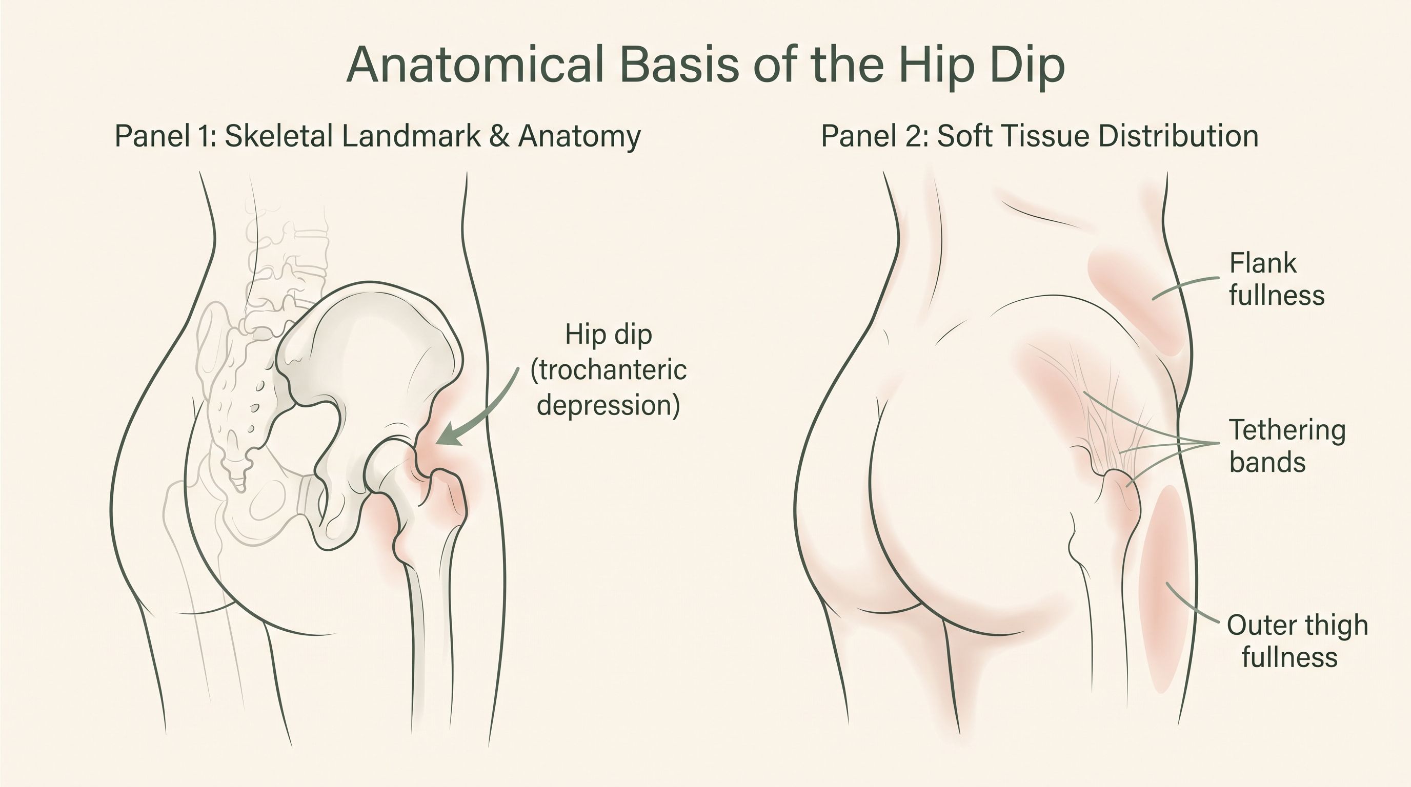 Diagram showing anatomical basis of hip dips: skeletal landmark and soft tissue distribution, including trochanteric depression and tissue fullness.