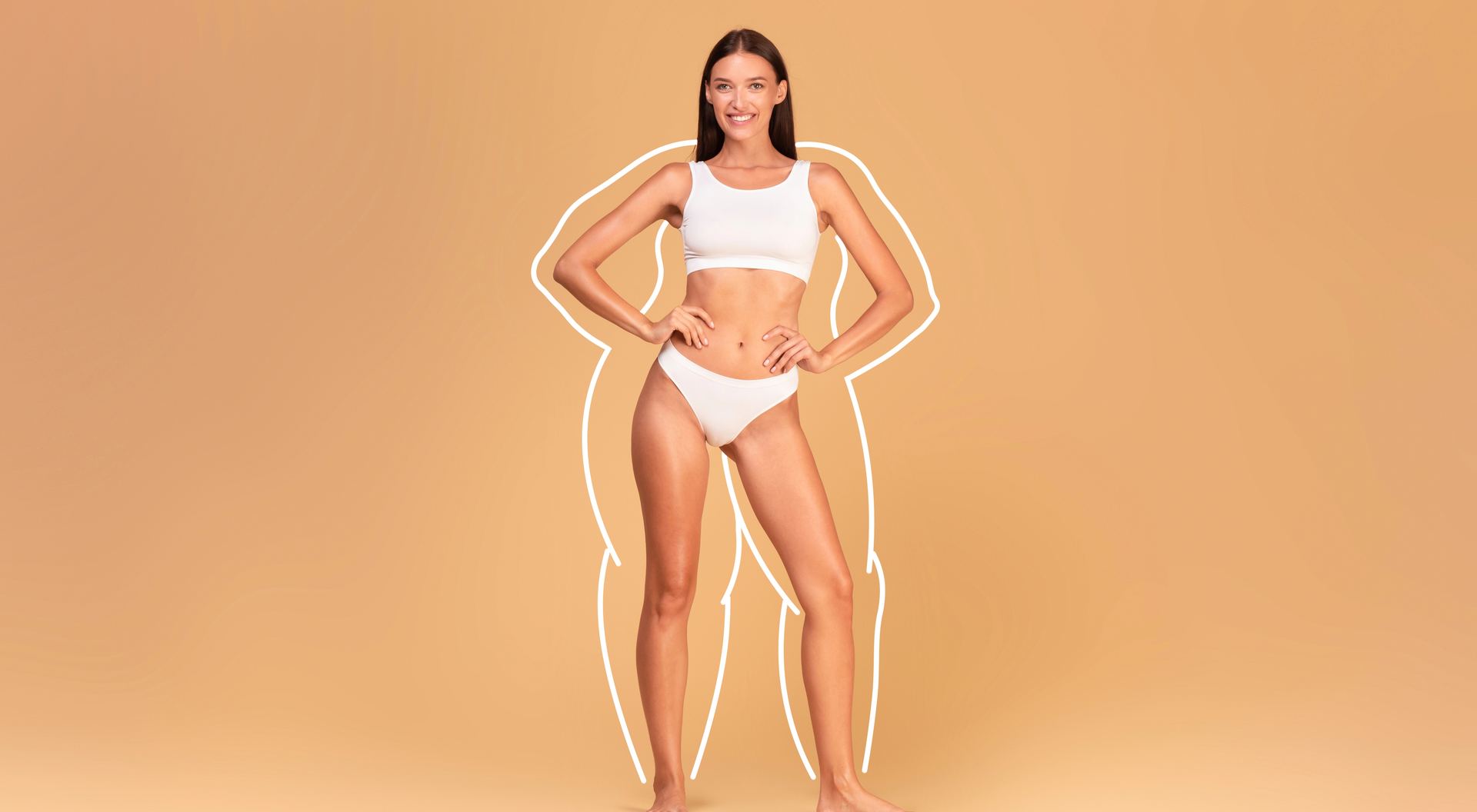 Smiling woman in white underwear poses confidently against a peach background, with an outlined silhouette highlighting her figure.