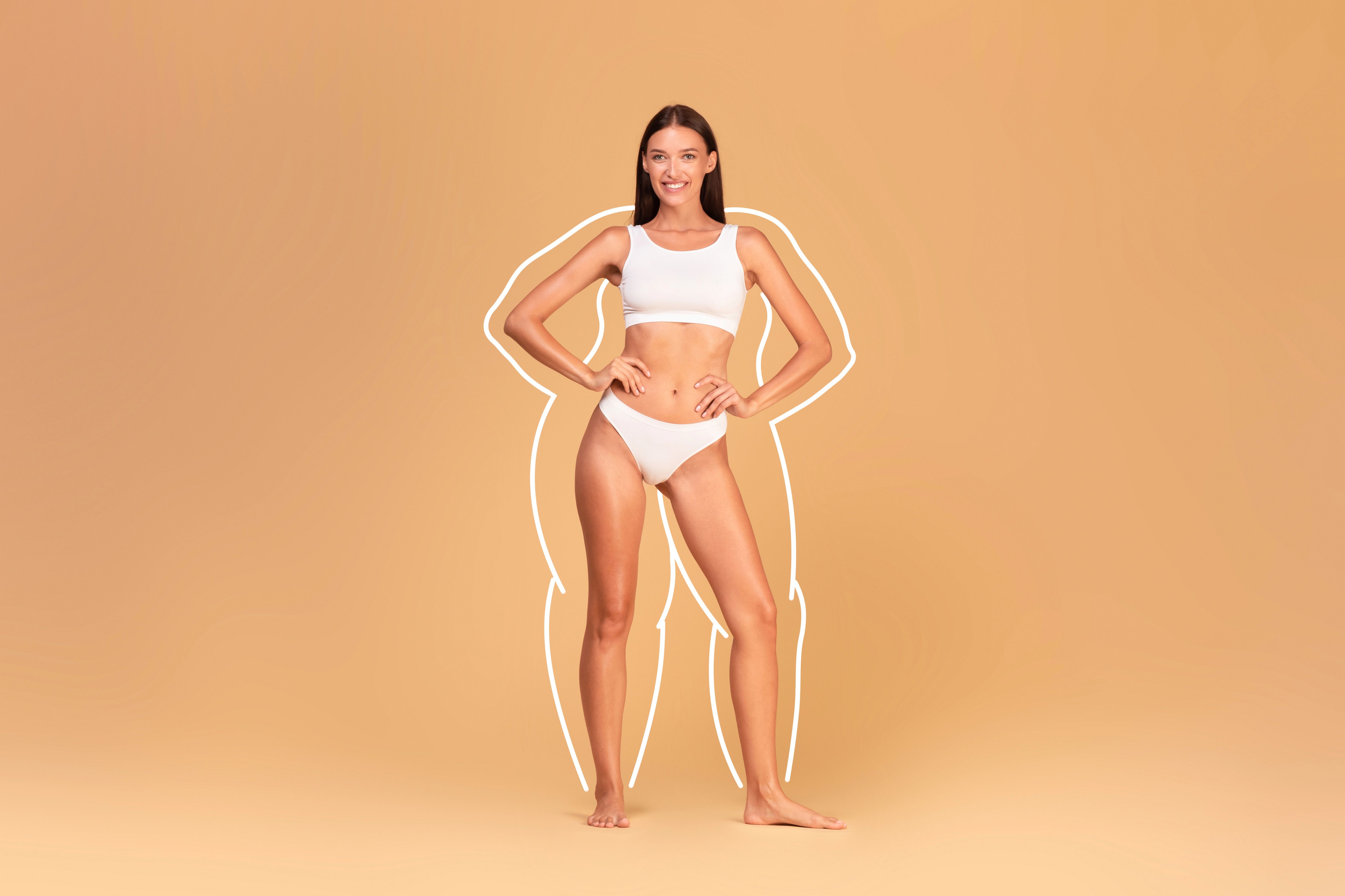 Smiling woman in white underwear poses confidently against a peach background, with an outlined silhouette highlighting her figure.