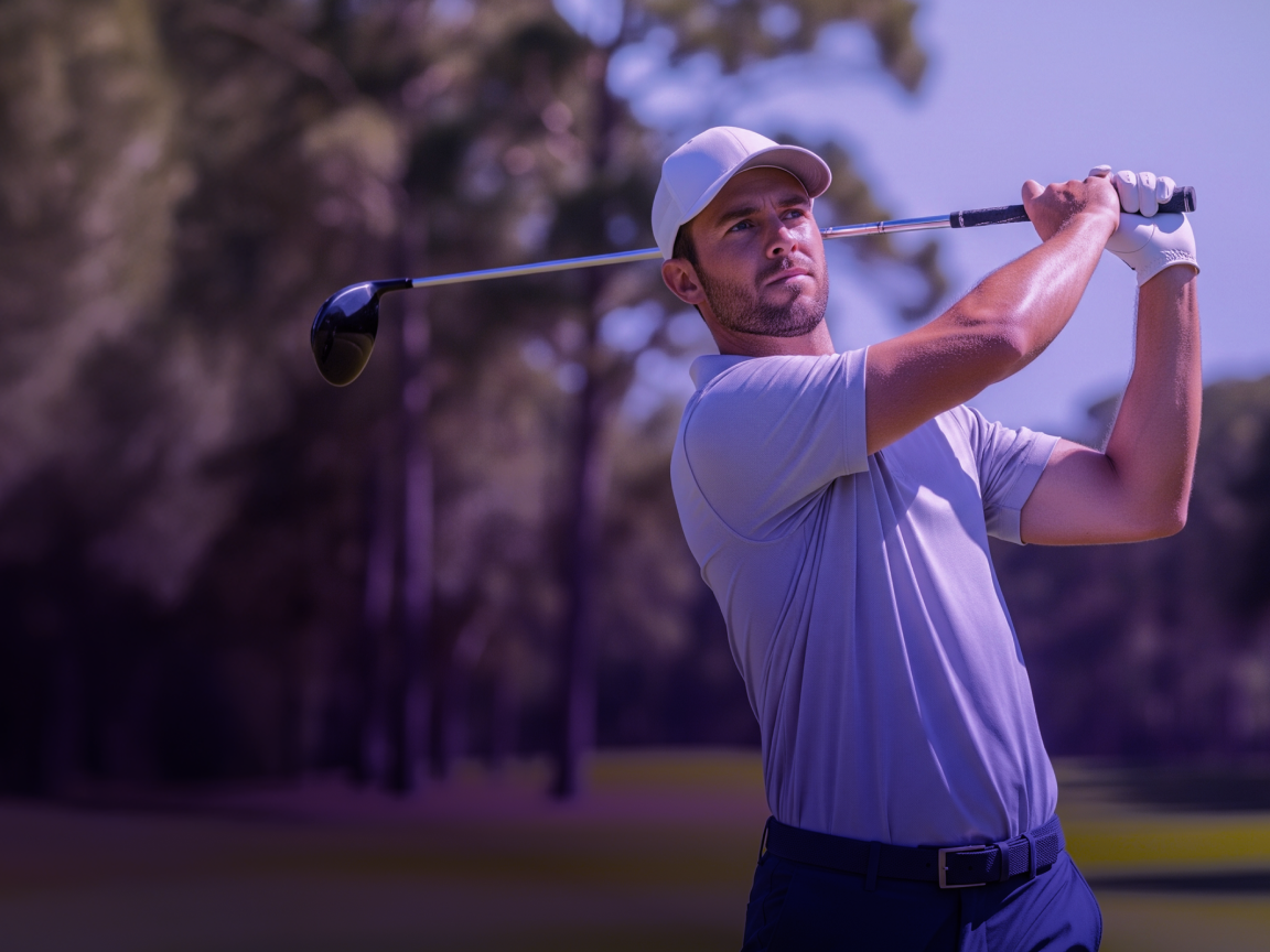 Golfer mid-swing on a stylised purple gradient background, used as an email article cover