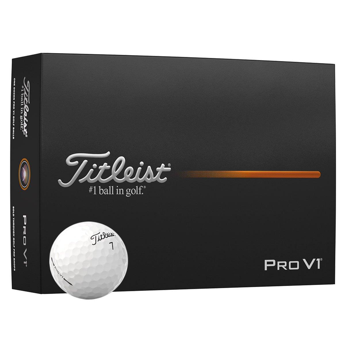 Black Titleist Pro V1 dozen box with a single ball resting in front of it