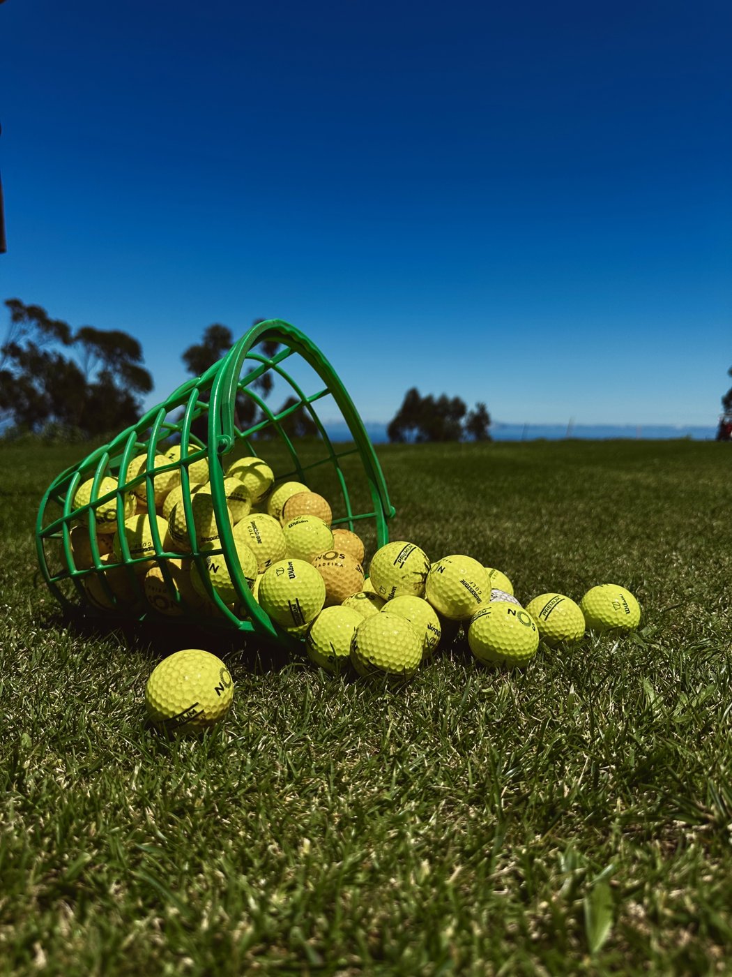 Basket of range balls tipped onto the grass under a blue sky during practice (game-improvement)
