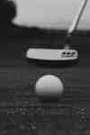 Black-and-white close-up of a putter behind a golf ball on the green