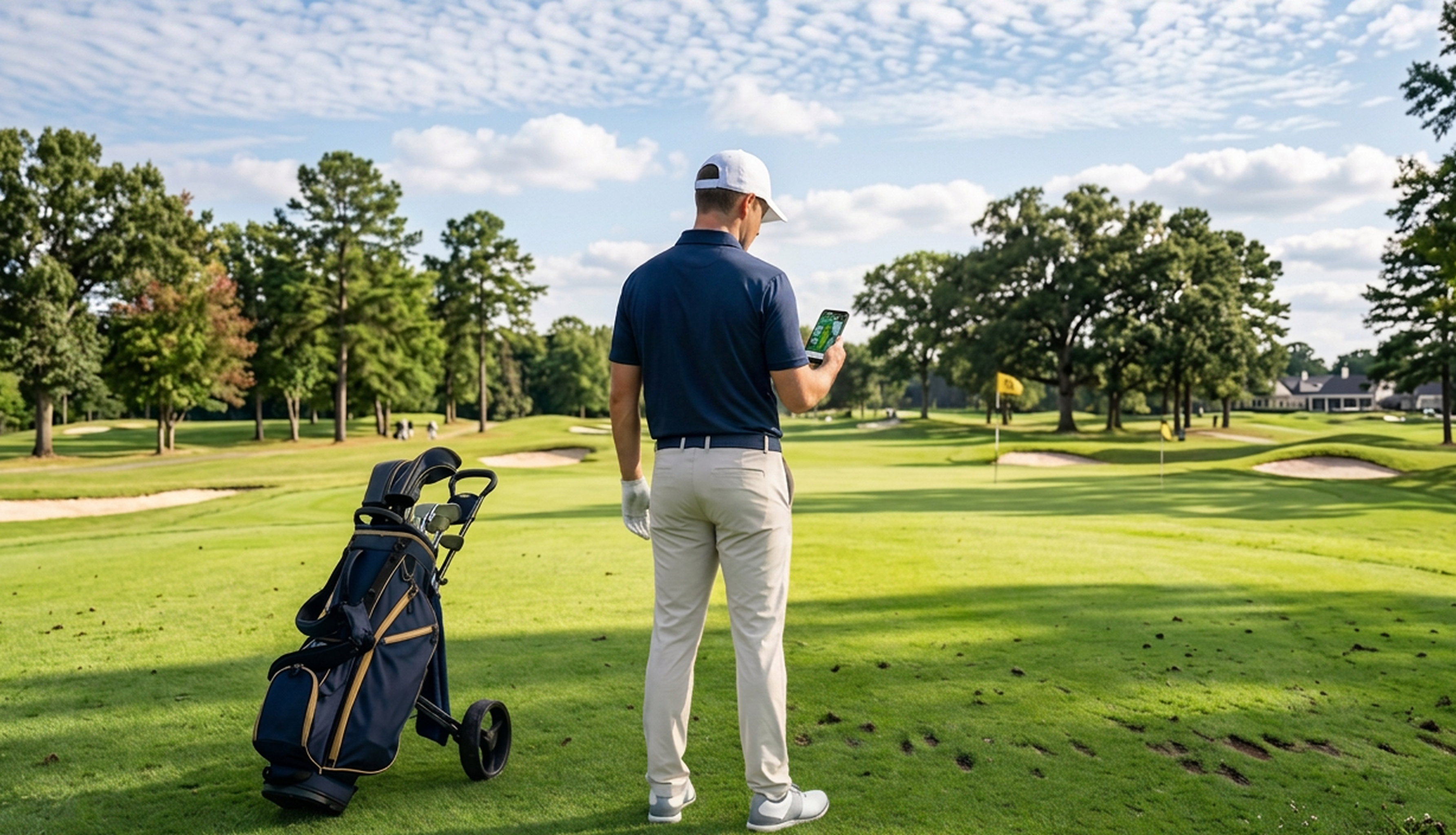 Golfer with a push trolley checking a phone while looking down a tree-lined parkland hole