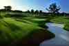 Contoured fairway with white sand bunkers in golden evening light