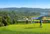 Simola Golf and Country Estate, Knysna - elevated tee boxes above the Knysna forests with the lagoon visible between the trees on the descent to the fairway