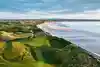 Iconic links golf travel destination – aerial view of a coastal links course 