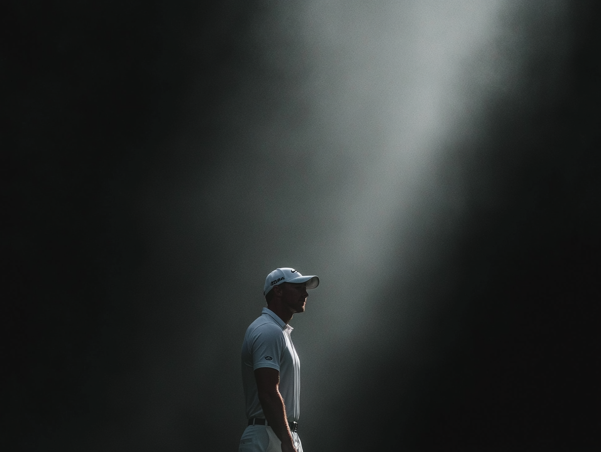 Golfer standing in a shaft of light, focused before a shot