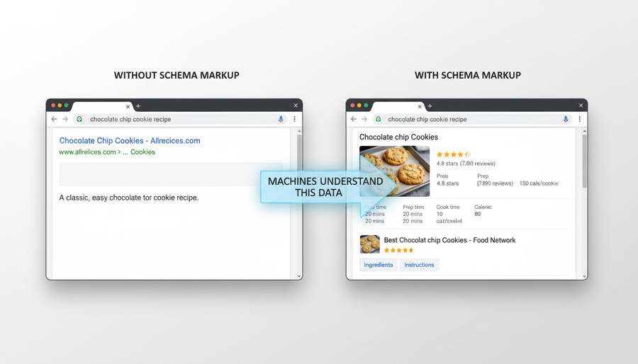 This image shows a side-by-side comparison of a web search result for "chocolate chip cookie recipe", with and without schema markup. The schema markup provides additional structured data about the recipe, including preparation time, cook time, and calorie information.