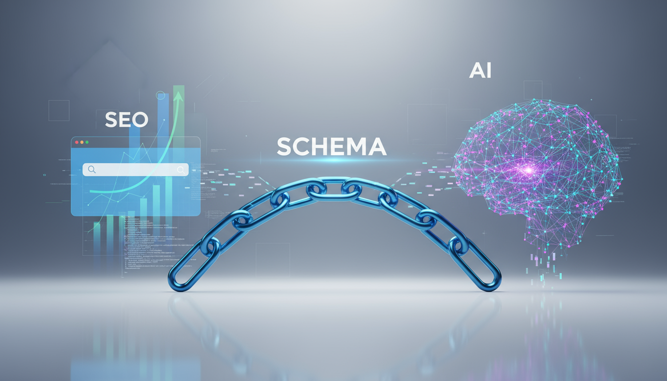This image depicts various technological elements such as a search engine optimization (SEO) interface, a schematic structure, and an artificial intelligence (AI) network, symbolizing the integration of these technologies.