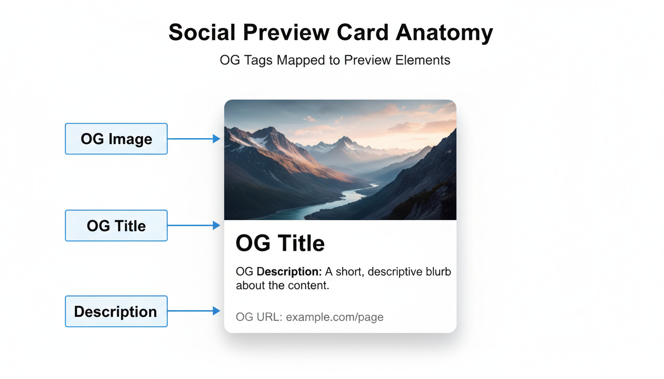 This image illustrates the anatomy of a social preview card, showing the various elements that make up the card, including the OG Image, OG Title, and Description.