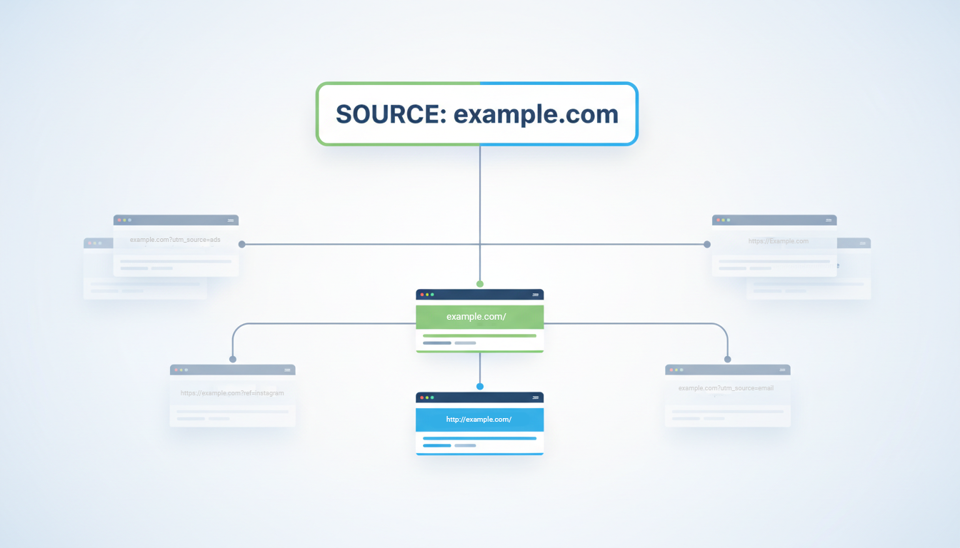 This image depicts a simplified diagram of a website's structure, showing the main domain "example.com" and its related subpages and URLs.